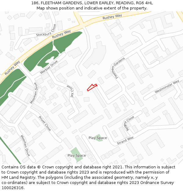 186, FLEETHAM GARDENS, LOWER EARLEY, READING, RG6 4HL: Location map and indicative extent of plot