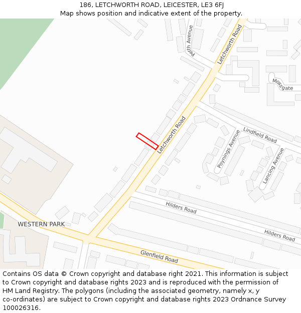 186, LETCHWORTH ROAD, LEICESTER, LE3 6FJ: Location map and indicative extent of plot