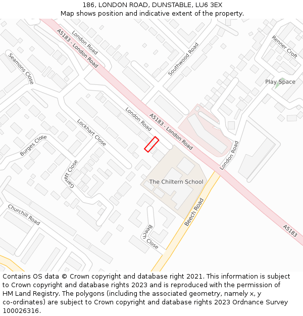 186, LONDON ROAD, DUNSTABLE, LU6 3EX: Location map and indicative extent of plot