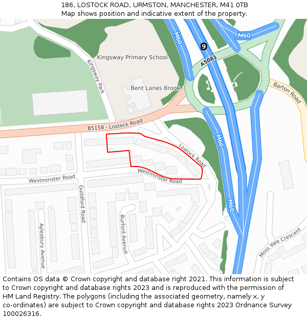 186, LOSTOCK ROAD, URMSTON, MANCHESTER, M41 0TB: Location map and indicative extent of plot