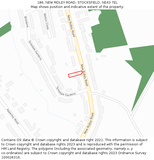 186, NEW RIDLEY ROAD, STOCKSFIELD, NE43 7EL: Location map and indicative extent of plot