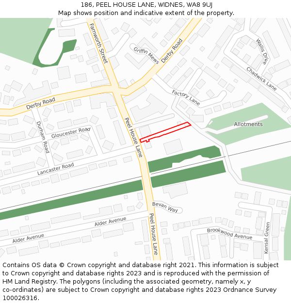 186, PEEL HOUSE LANE, WIDNES, WA8 9UJ: Location map and indicative extent of plot