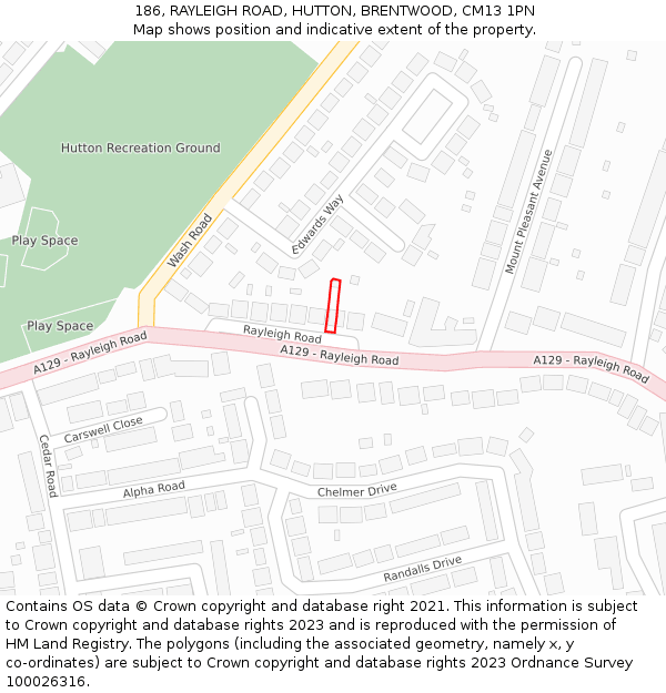 186, RAYLEIGH ROAD, HUTTON, BRENTWOOD, CM13 1PN: Location map and indicative extent of plot