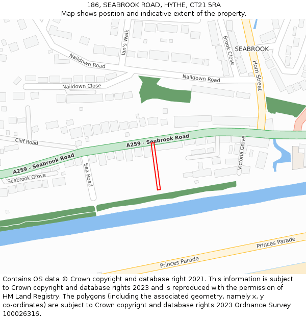 186, SEABROOK ROAD, HYTHE, CT21 5RA: Location map and indicative extent of plot