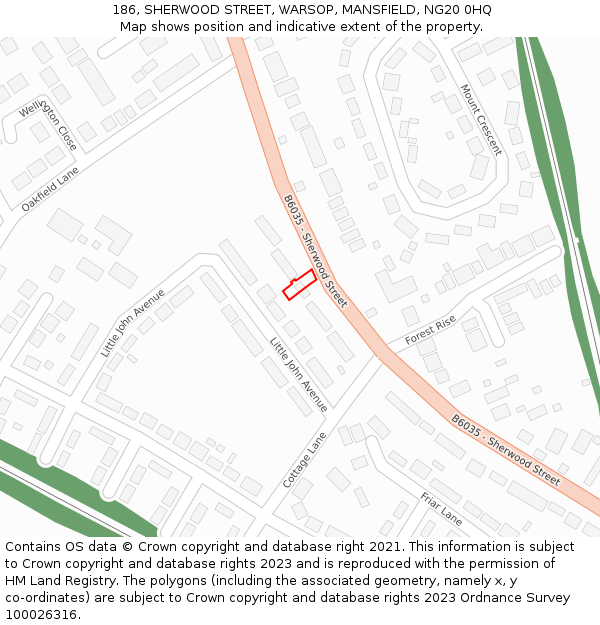186, SHERWOOD STREET, WARSOP, MANSFIELD, NG20 0HQ: Location map and indicative extent of plot