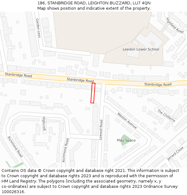 186, STANBRIDGE ROAD, LEIGHTON BUZZARD, LU7 4QN: Location map and indicative extent of plot