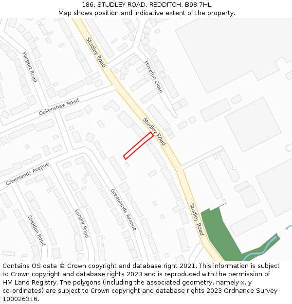 186, STUDLEY ROAD, REDDITCH, B98 7HL: Location map and indicative extent of plot