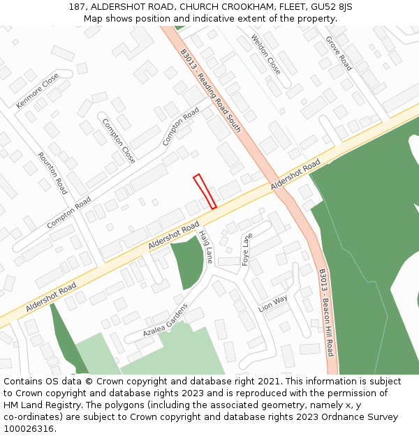 187, ALDERSHOT ROAD, CHURCH CROOKHAM, FLEET, GU52 8JS: Location map and indicative extent of plot