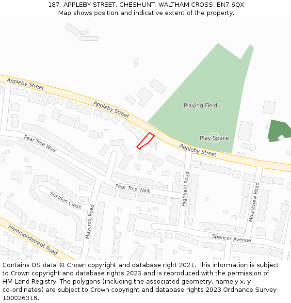 187, APPLEBY STREET, CHESHUNT, WALTHAM CROSS, EN7 6QX: Location map and indicative extent of plot