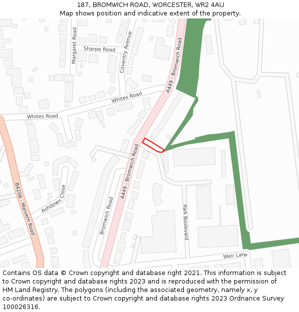 187, BROMWICH ROAD, WORCESTER, WR2 4AU: Location map and indicative extent of plot