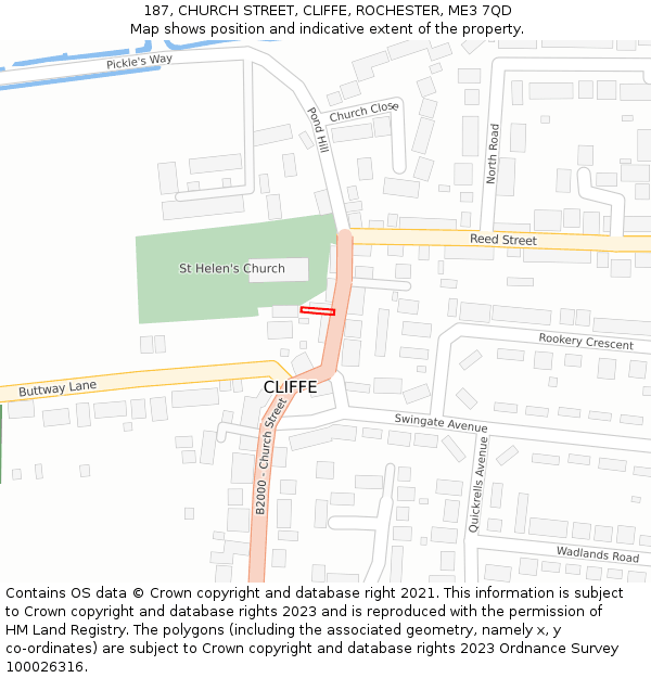 187, CHURCH STREET, CLIFFE, ROCHESTER, ME3 7QD: Location map and indicative extent of plot