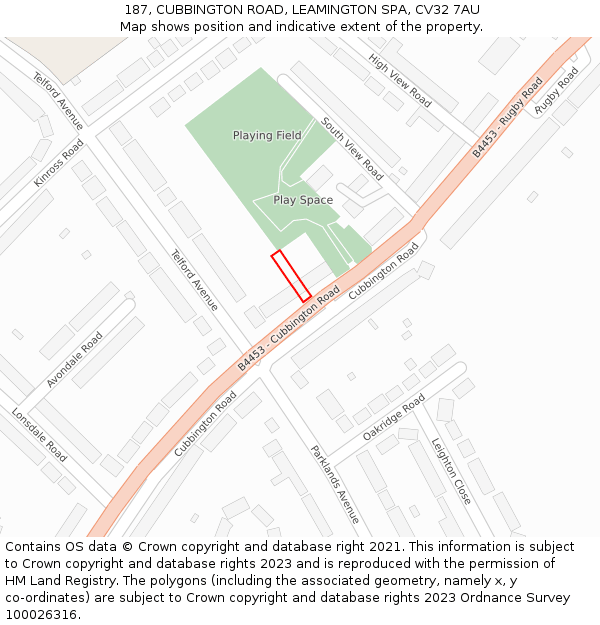 187, CUBBINGTON ROAD, LEAMINGTON SPA, CV32 7AU: Location map and indicative extent of plot