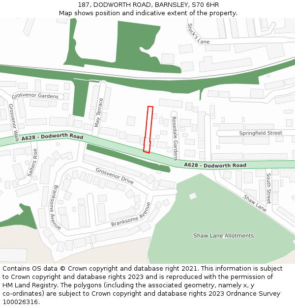 187, DODWORTH ROAD, BARNSLEY, S70 6HR: Location map and indicative extent of plot