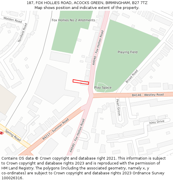 187, FOX HOLLIES ROAD, ACOCKS GREEN, BIRMINGHAM, B27 7TZ: Location map and indicative extent of plot