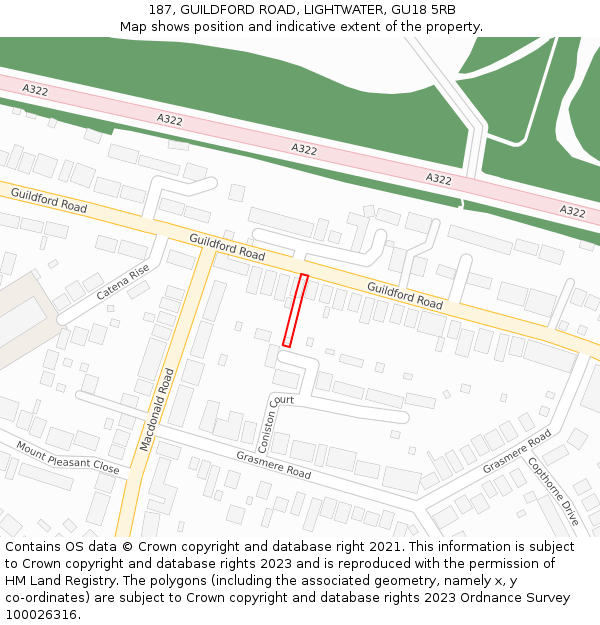 187, GUILDFORD ROAD, LIGHTWATER, GU18 5RB: Location map and indicative extent of plot