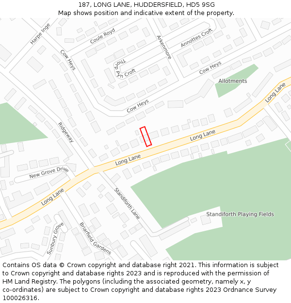 187, LONG LANE, HUDDERSFIELD, HD5 9SG: Location map and indicative extent of plot