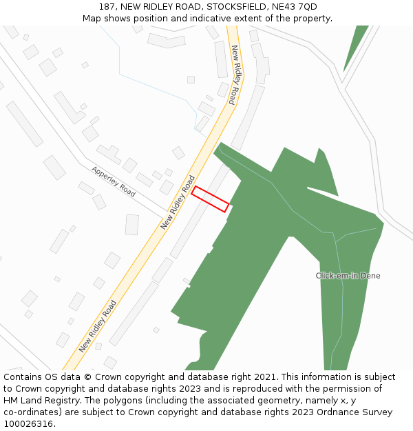 187, NEW RIDLEY ROAD, STOCKSFIELD, NE43 7QD: Location map and indicative extent of plot