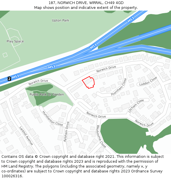 187, NORWICH DRIVE, WIRRAL, CH49 4GD: Location map and indicative extent of plot