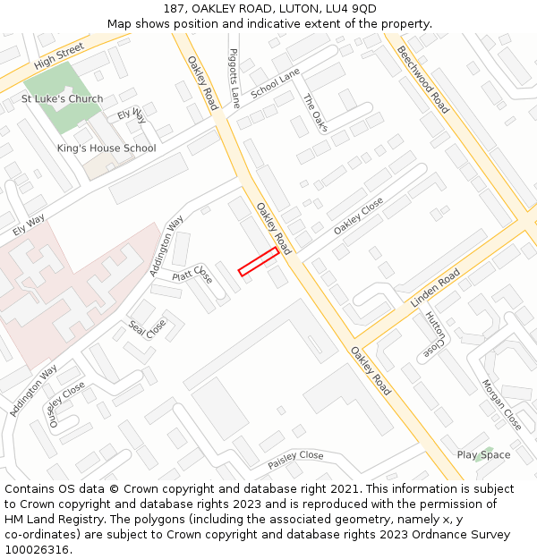 187, OAKLEY ROAD, LUTON, LU4 9QD: Location map and indicative extent of plot