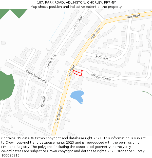 187, PARK ROAD, ADLINGTON, CHORLEY, PR7 4JY: Location map and indicative extent of plot