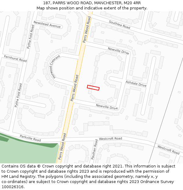 187, PARRS WOOD ROAD, MANCHESTER, M20 4RR: Location map and indicative extent of plot