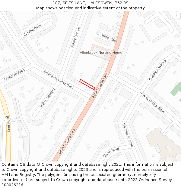 187, SPIES LANE, HALESOWEN, B62 9SJ: Location map and indicative extent of plot