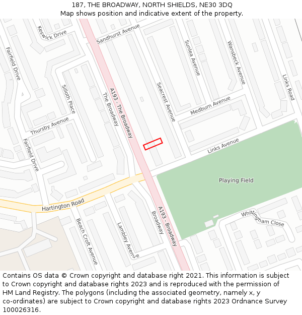 187, THE BROADWAY, NORTH SHIELDS, NE30 3DQ: Location map and indicative extent of plot