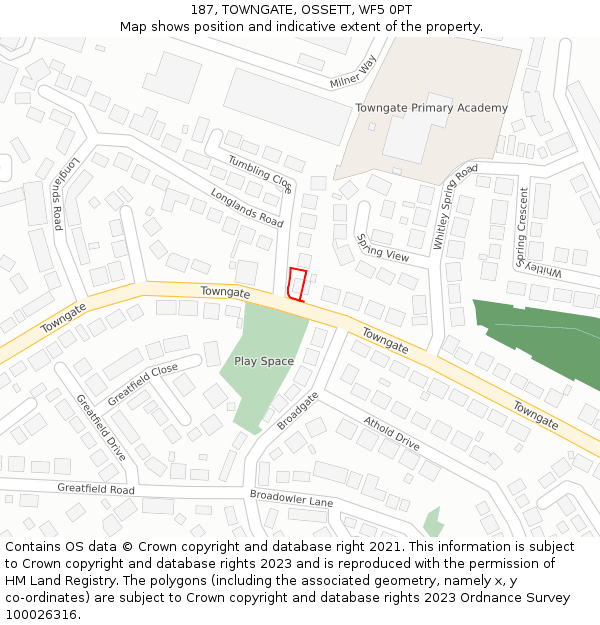 187, TOWNGATE, OSSETT, WF5 0PT: Location map and indicative extent of plot