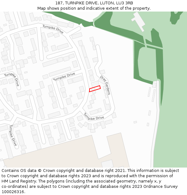 187, TURNPIKE DRIVE, LUTON, LU3 3RB: Location map and indicative extent of plot