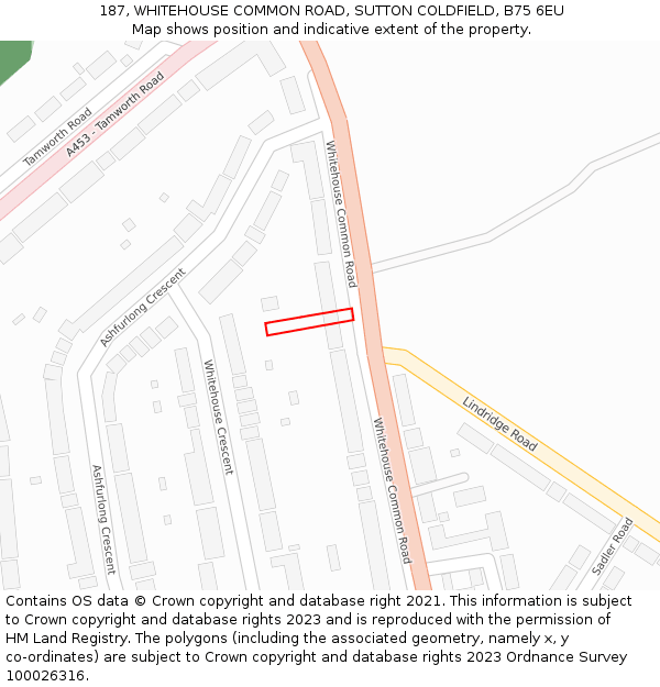 187, WHITEHOUSE COMMON ROAD, SUTTON COLDFIELD, B75 6EU: Location map and indicative extent of plot