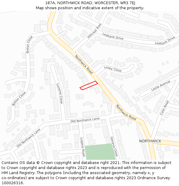 187A, NORTHWICK ROAD, WORCESTER, WR3 7EJ: Location map and indicative extent of plot