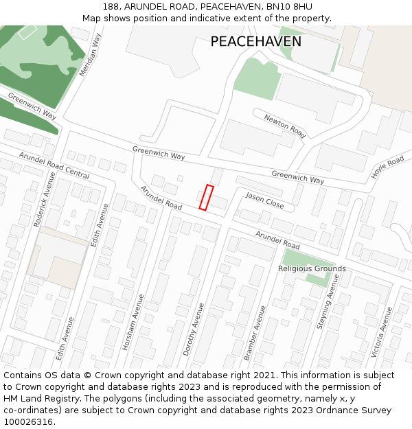 188, ARUNDEL ROAD, PEACEHAVEN, BN10 8HU: Location map and indicative extent of plot