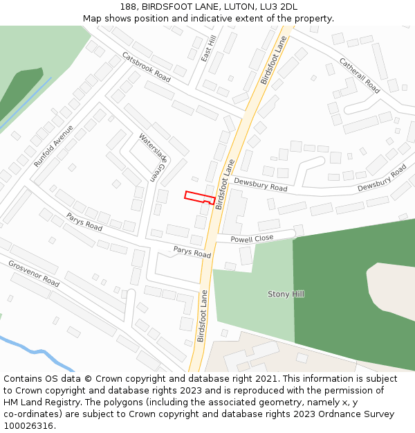 188, BIRDSFOOT LANE, LUTON, LU3 2DL: Location map and indicative extent of plot