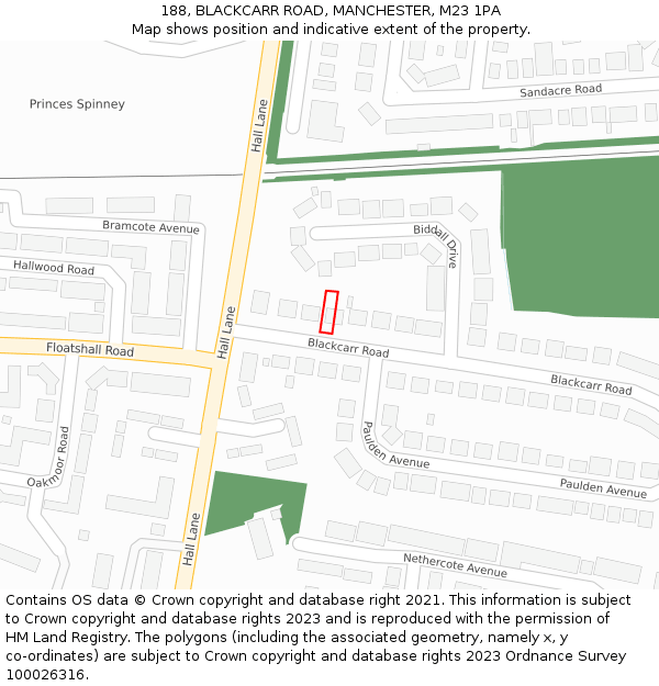 188, BLACKCARR ROAD, MANCHESTER, M23 1PA: Location map and indicative extent of plot