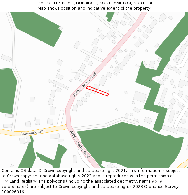 188, BOTLEY ROAD, BURRIDGE, SOUTHAMPTON, SO31 1BL: Location map and indicative extent of plot