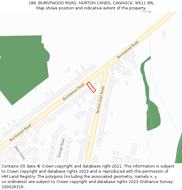 188, BURNTWOOD ROAD, NORTON CANES, CANNOCK, WS11 9RL: Location map and indicative extent of plot