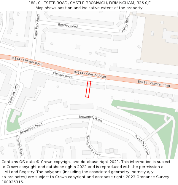 188, CHESTER ROAD, CASTLE BROMWICH, BIRMINGHAM, B36 0JE: Location map and indicative extent of plot