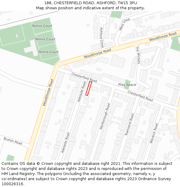 188, CHESTERFIELD ROAD, ASHFORD, TW15 3PU: Location map and indicative extent of plot