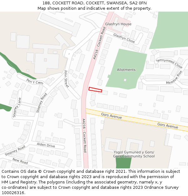 188, COCKETT ROAD, COCKETT, SWANSEA, SA2 0FN: Location map and indicative extent of plot