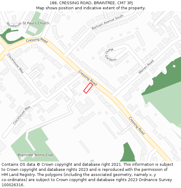 188, CRESSING ROAD, BRAINTREE, CM7 3PJ: Location map and indicative extent of plot