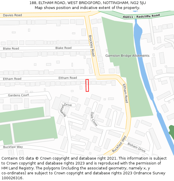 188, ELTHAM ROAD, WEST BRIDGFORD, NOTTINGHAM, NG2 5JU: Location map and indicative extent of plot