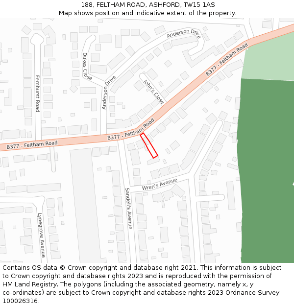 188, FELTHAM ROAD, ASHFORD, TW15 1AS: Location map and indicative extent of plot