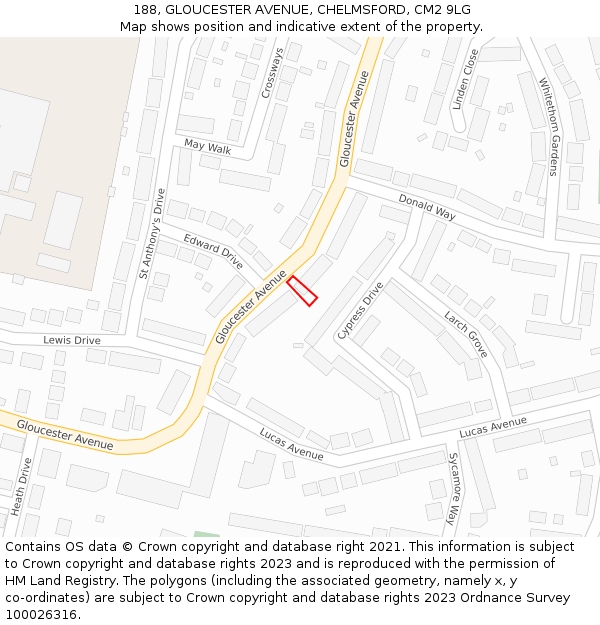 188, GLOUCESTER AVENUE, CHELMSFORD, CM2 9LG: Location map and indicative extent of plot