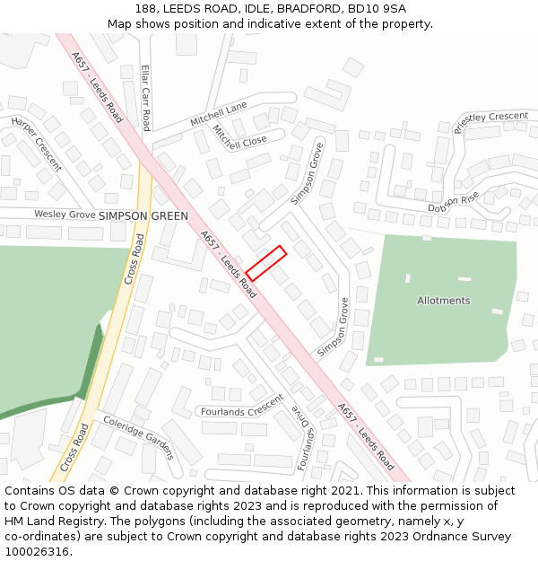 188, LEEDS ROAD, IDLE, BRADFORD, BD10 9SA: Location map and indicative extent of plot