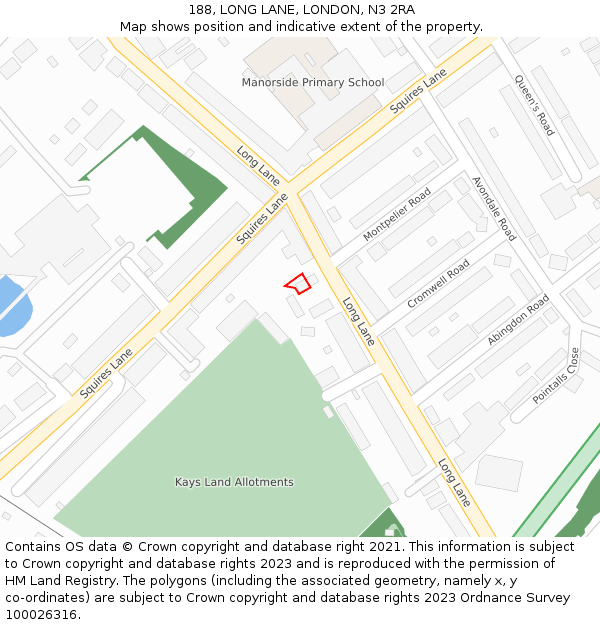 188, LONG LANE, LONDON, N3 2RA: Location map and indicative extent of plot