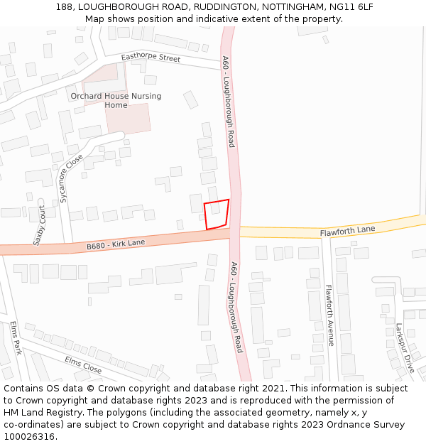 188, LOUGHBOROUGH ROAD, RUDDINGTON, NOTTINGHAM, NG11 6LF: Location map and indicative extent of plot