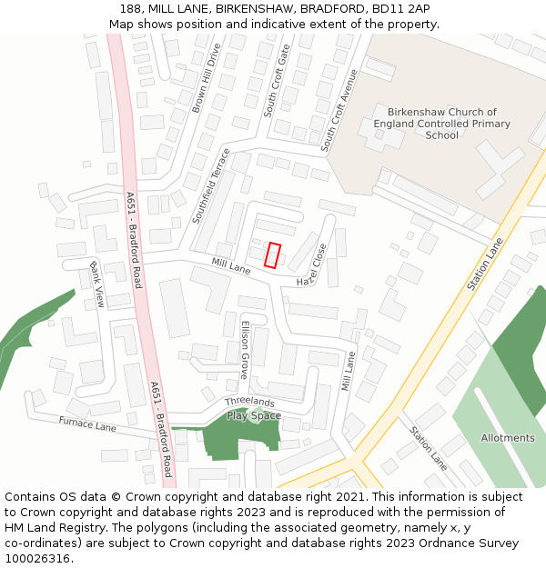 188, MILL LANE, BIRKENSHAW, BRADFORD, BD11 2AP: Location map and indicative extent of plot