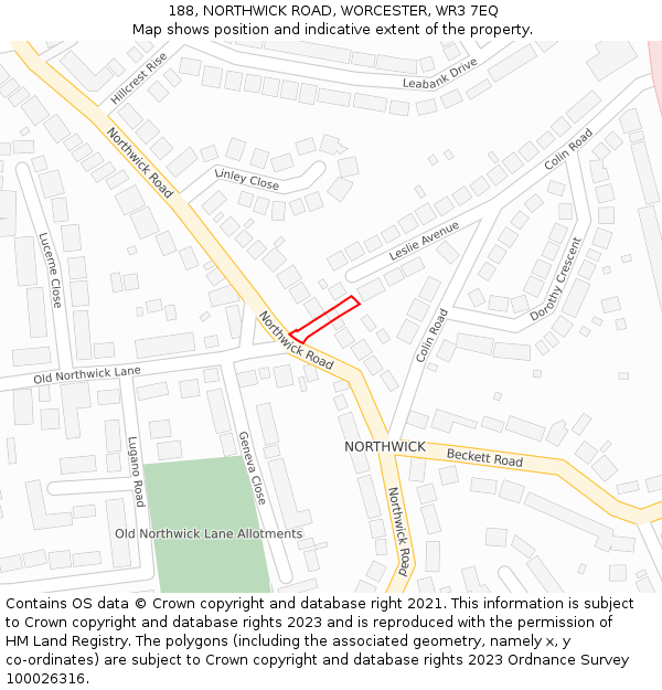 188, NORTHWICK ROAD, WORCESTER, WR3 7EQ: Location map and indicative extent of plot