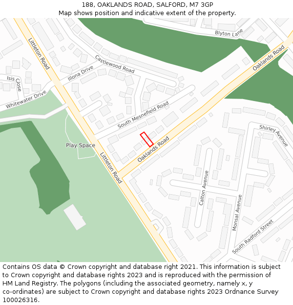 188, OAKLANDS ROAD, SALFORD, M7 3GP: Location map and indicative extent of plot