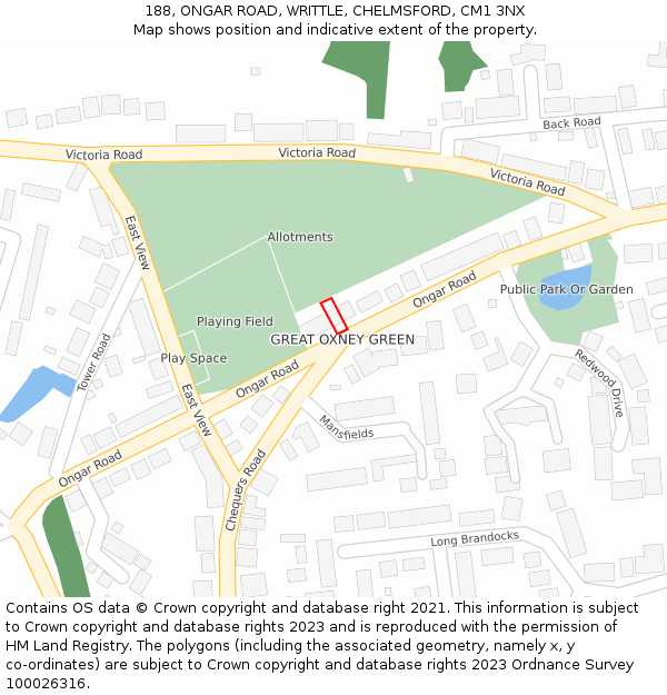 188, ONGAR ROAD, WRITTLE, CHELMSFORD, CM1 3NX: Location map and indicative extent of plot